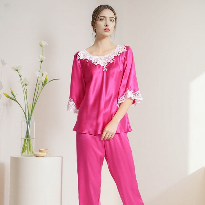 Pure Silk Robe 100% Mulberry Silk Women's Mid-sleeved Homewear Set Nightgown