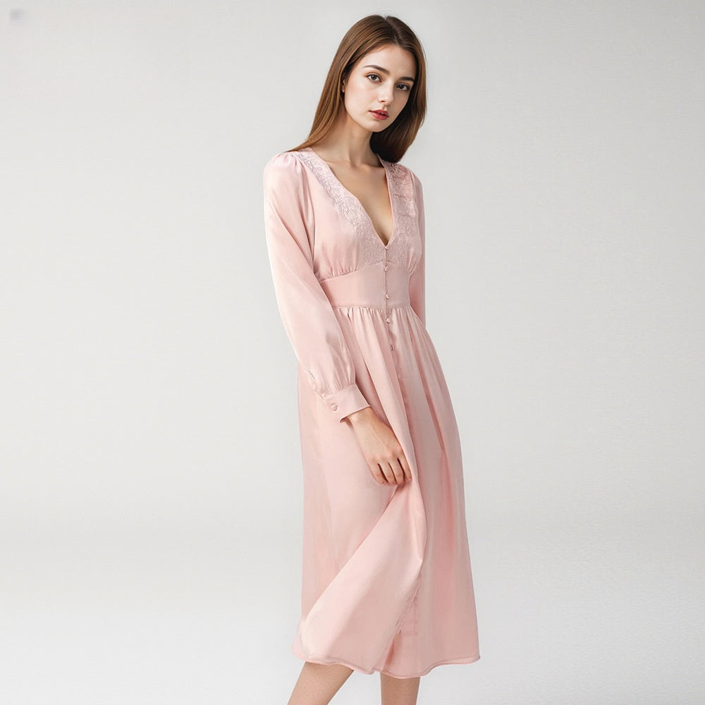 Pure Silk Robe 100% Mulberry Silk Women's Sexy Low Button-down Neck Embroidered Nightgown