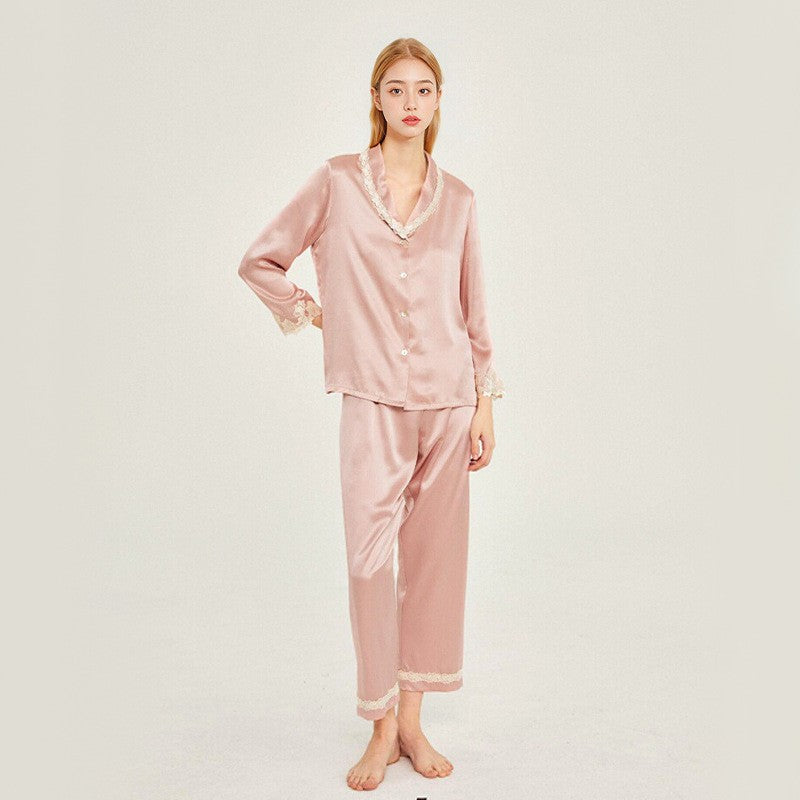 Pure Silk Women's 100% Mulberry Silk Lace Stitching House Suit Nightgown