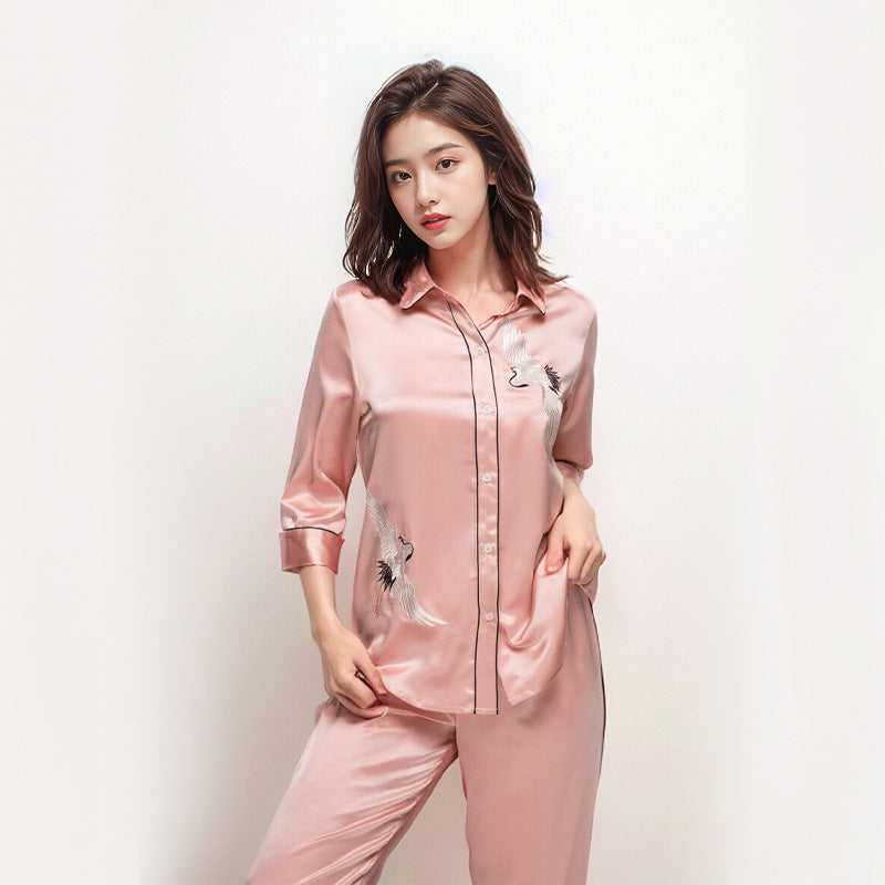 Pure Silk Women's 100% Mulberry Silk Embroidered Mid-sleeve Pajamas Nightgown