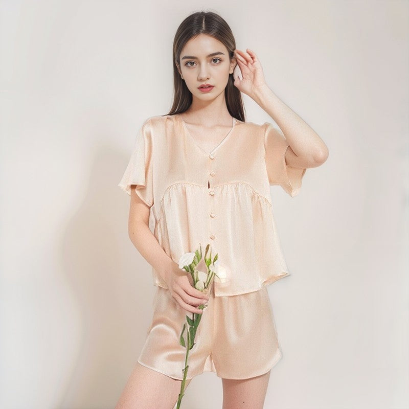 Pure Silk Women's 100% Mulberry Silk Short-sleeved Shorts And Trousers Three-piece Set Nightgown