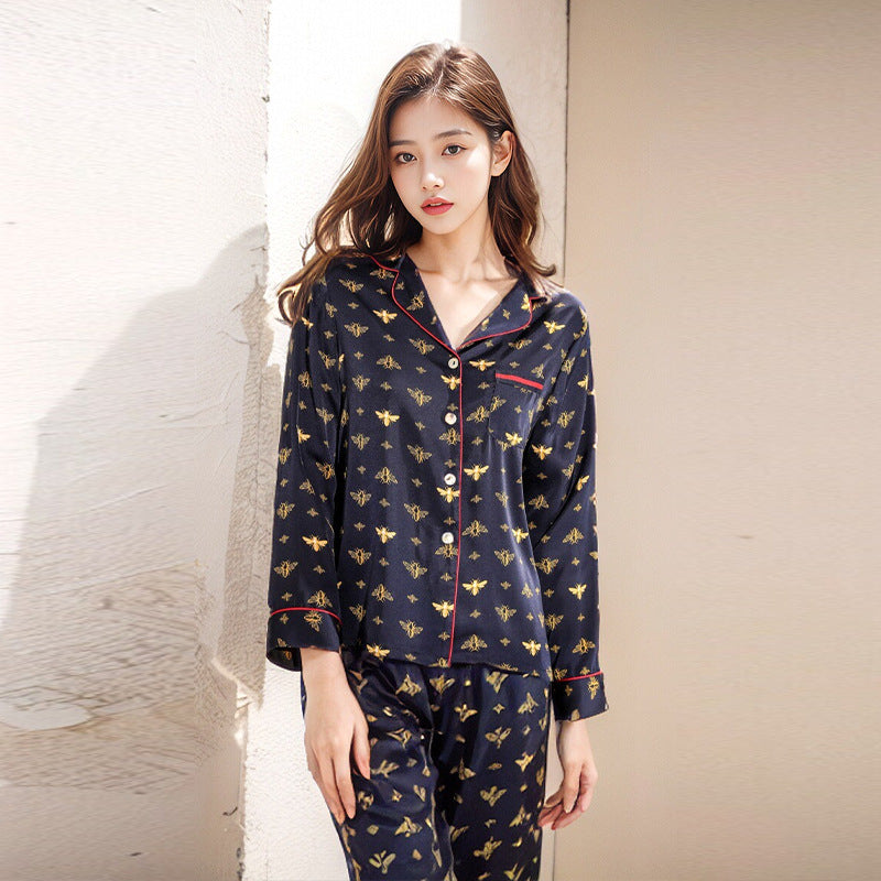 Pure Silk Women's 100% Mulberry Silk Bee Pattern Long Sleeve Pajamas Nightgown