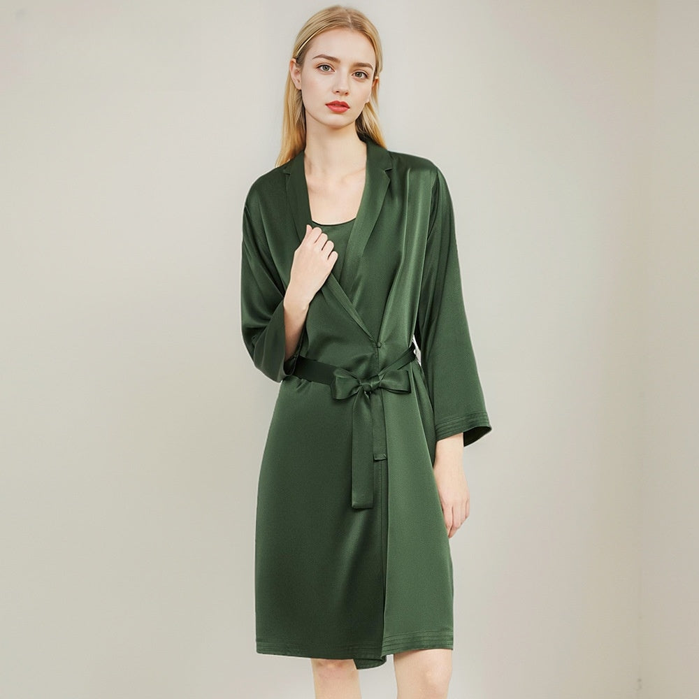 Pure Silk Women's 100% Mulberry Silk Cool Slip Nightdress Two-piece Robe Set