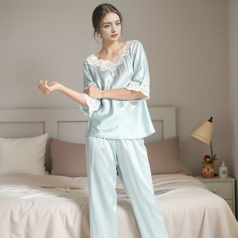 Pure Silk Robe 100% Mulberry Silk Women's Mid-sleeved Homewear Set Nightgown