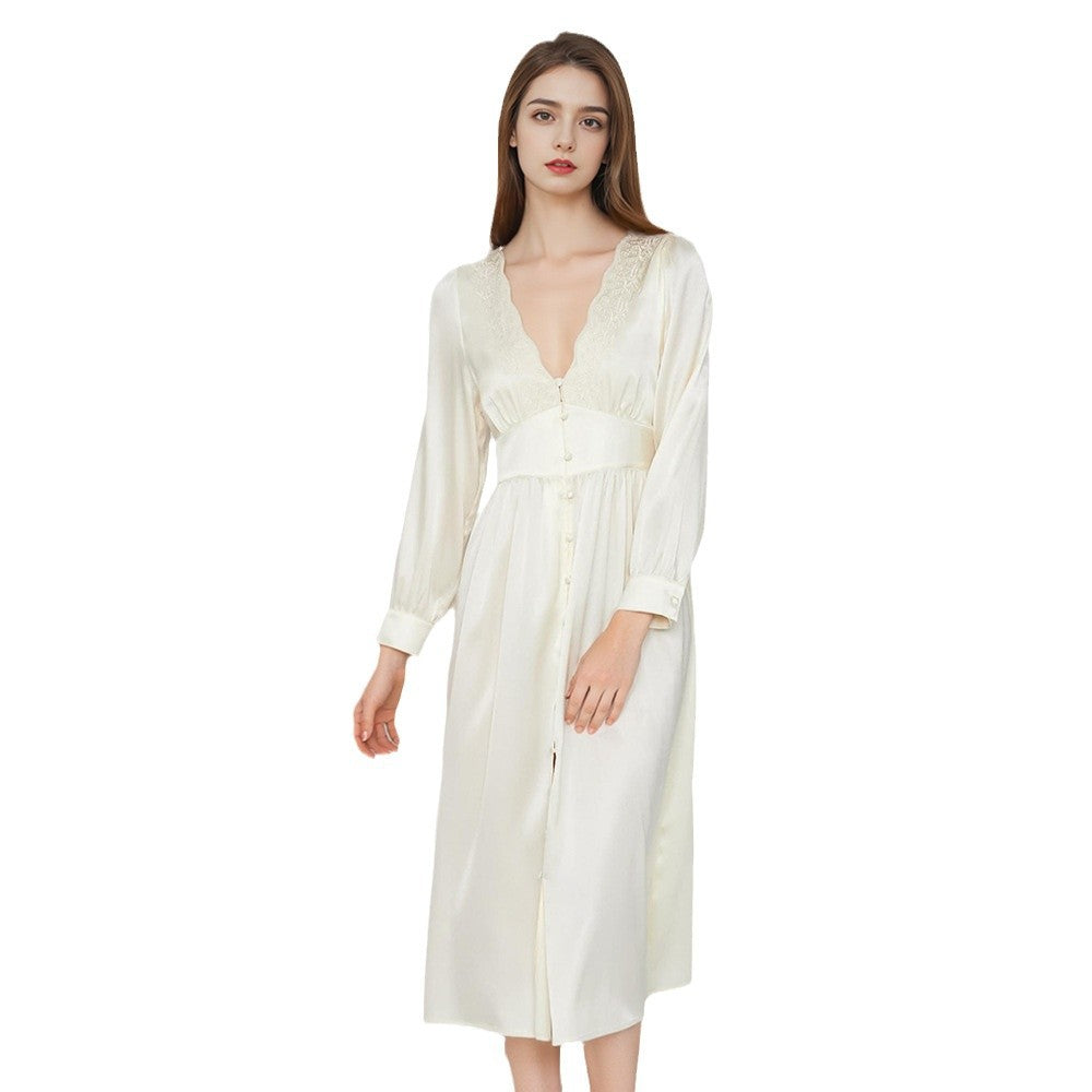 Pure Silk Robe 100% Mulberry Silk Women's Sexy Low Button-down Neck Embroidered Nightgown