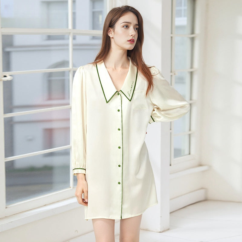 Pure Silk Robe 100% Mulberry Silk Women's Sexy Thin Doll Neck Shirt Nightgown
