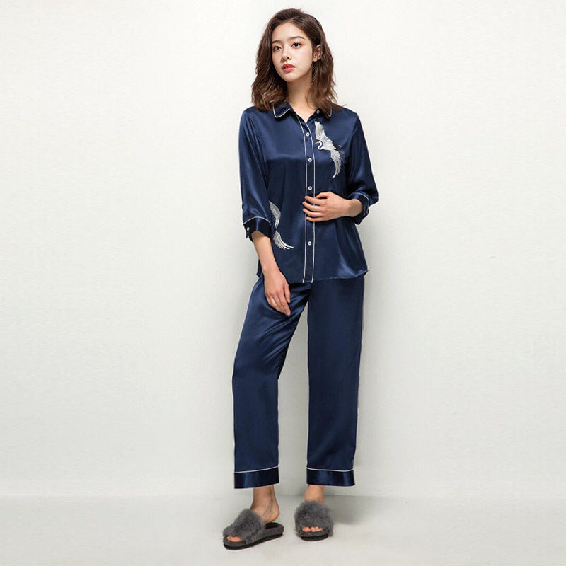 Pure Silk Women's 100% Mulberry Silk Embroidered Mid-sleeve Pajamas Nightgown