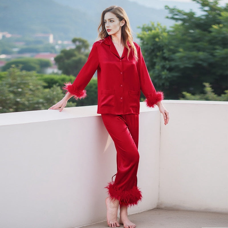 Pure Silk Robe 100% Mulberry Silk Women's Detachable Feather Striped Suit Nightgown