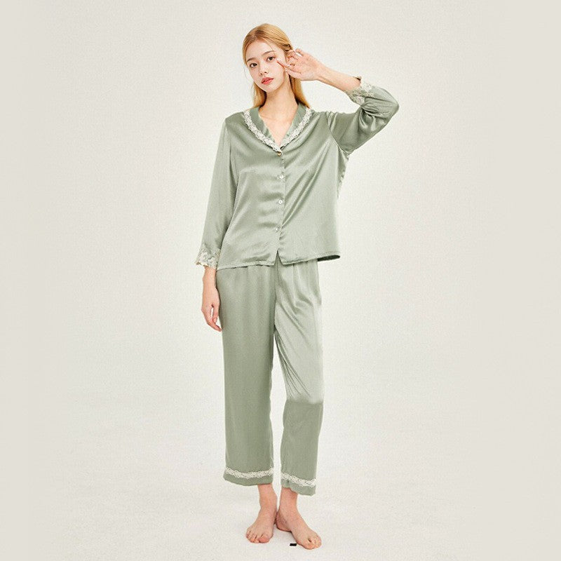 Pure Silk Women's 100% Mulberry Silk Lace Stitching House Suit Nightgown
