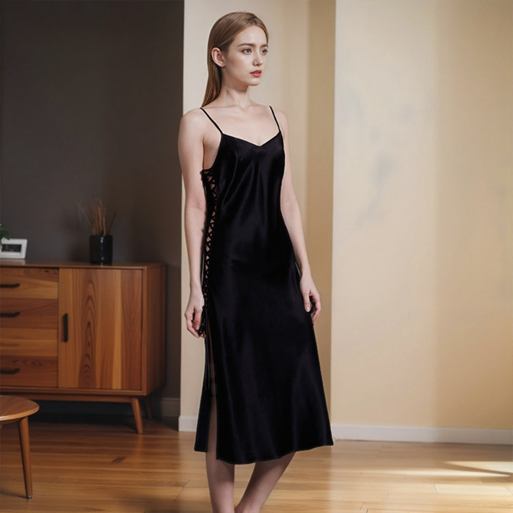 Pure Silk Sexy Split Silk Halter Robe 100% Mulberry Silk Women's Nightgown