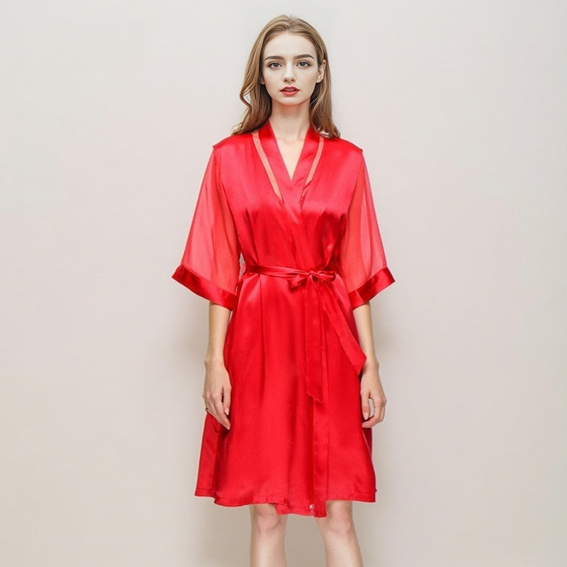 Pure Silk Women's 100% Mulberry Silk Sexy Hollowed-out Thin Morninggown A single robe