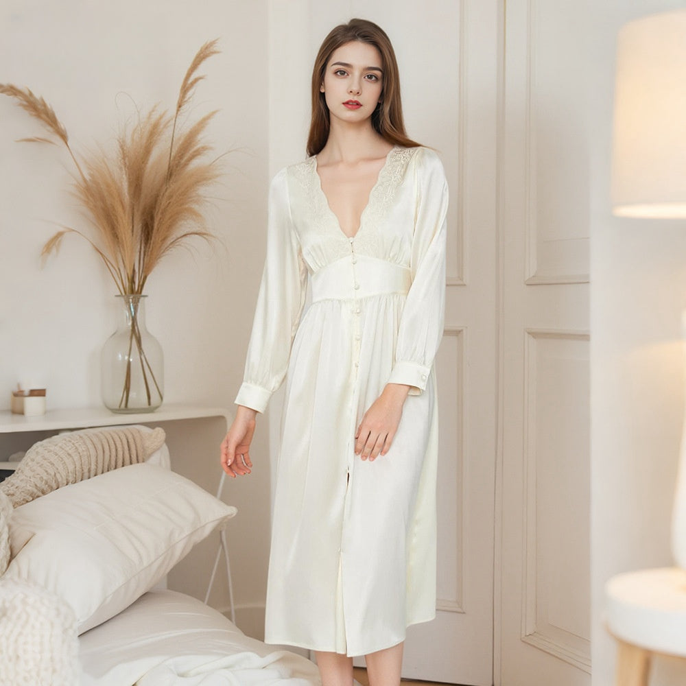 Pure Silk Robe 100% Mulberry Silk Women's Sexy Low Button-down Neck Embroidered Nightgown