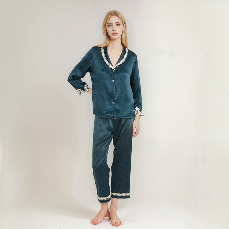 Pure Silk Women's 100% Mulberry Silk Lace Stitching House Suit Nightgown