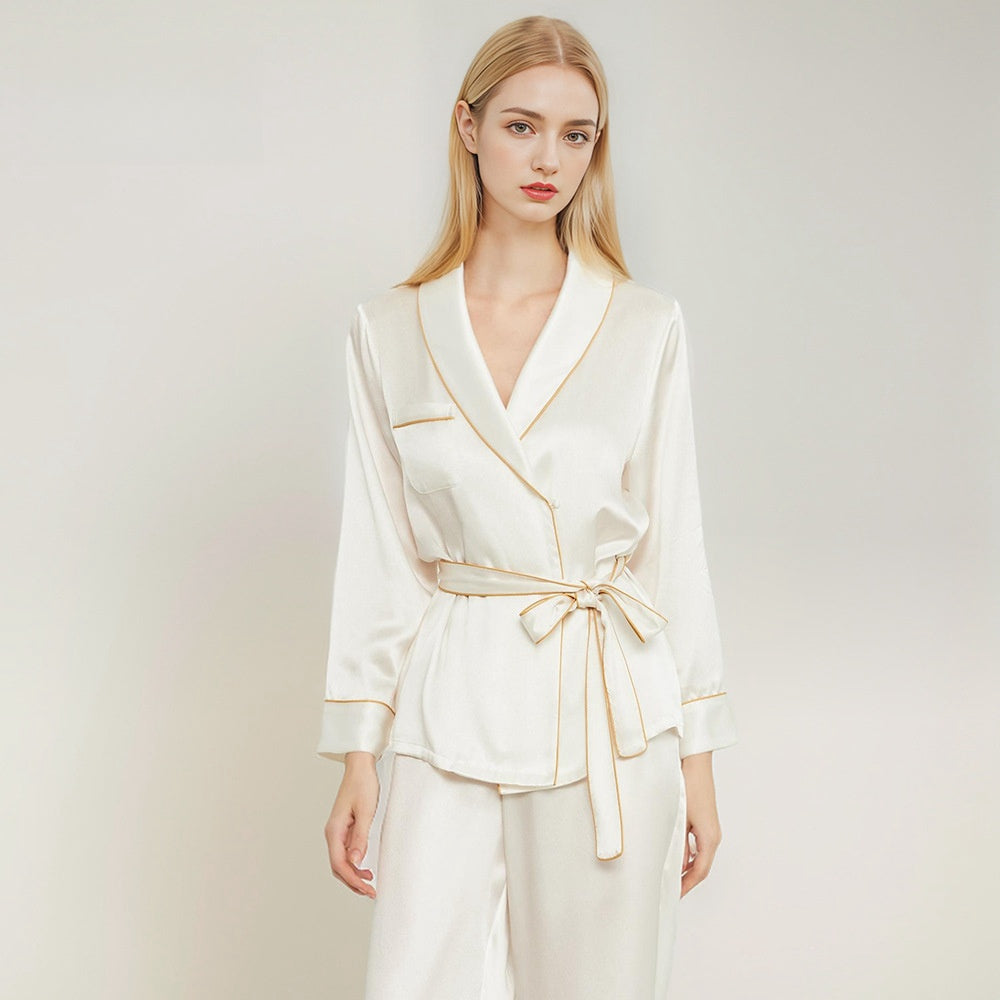 Pure Silk Robe 100% Mulberry Silk Women's Notch Collar Pajamas Striped Suit Nightgown