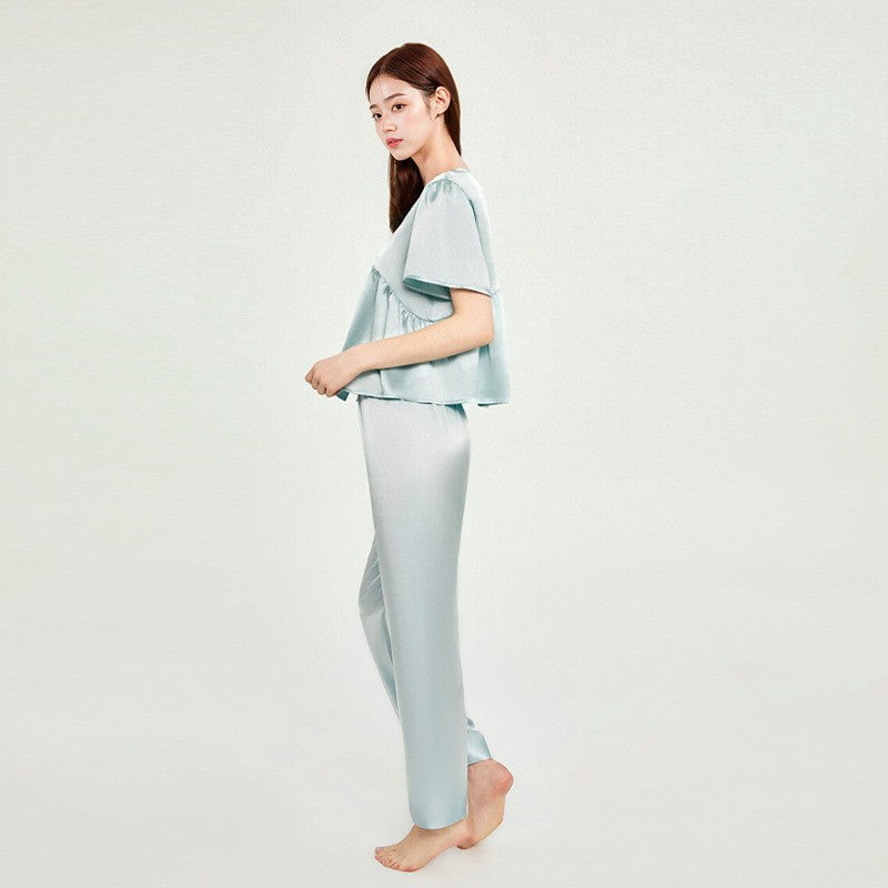 Pure Silk Women's 100% Mulberry Silk Short-sleeved Shorts And Trousers Three-piece Set Nightgown