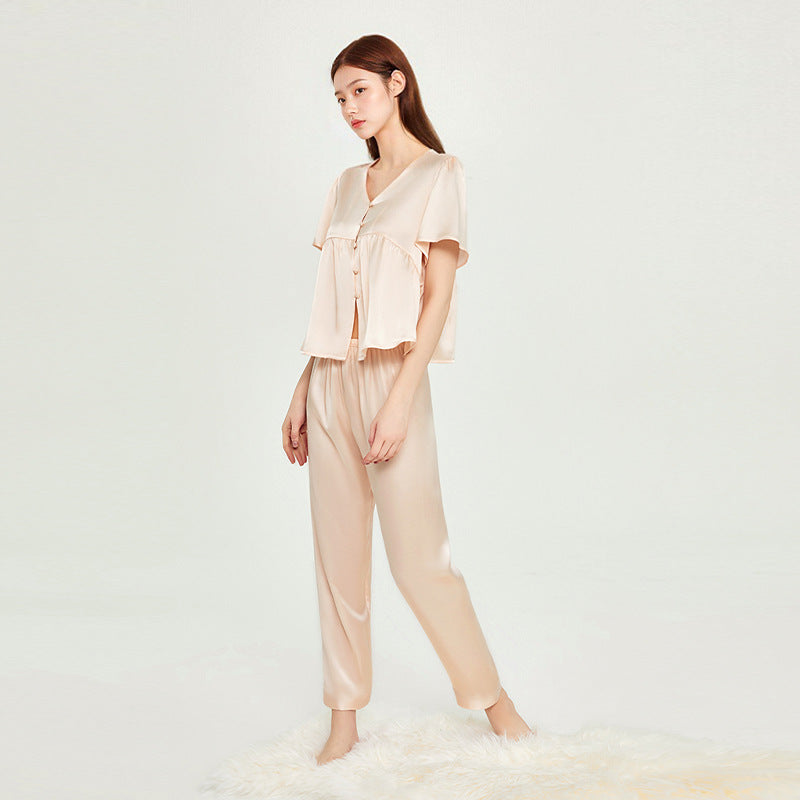 Pure Silk Women's 100% Mulberry Silk Short-sleeved Shorts And Trousers Three-piece Set Nightgown