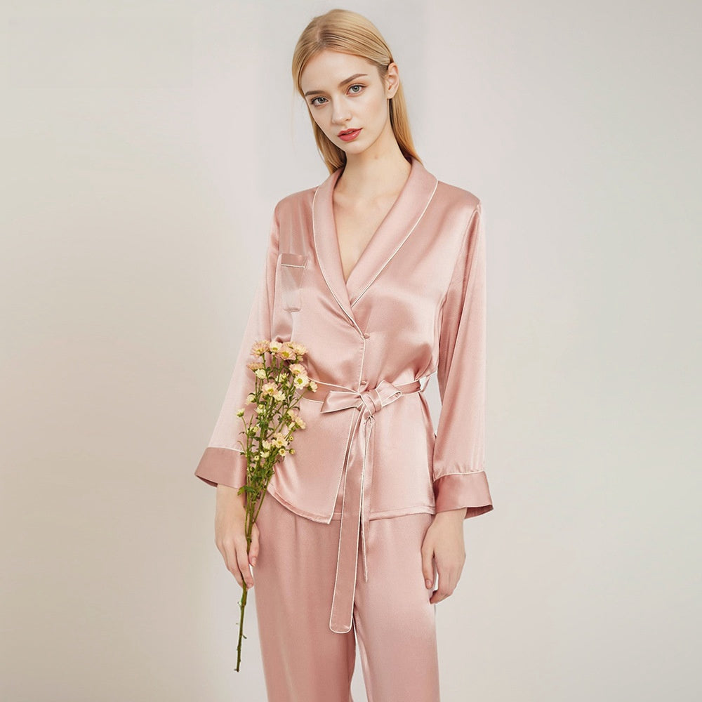 Pure Silk Robe 100% Mulberry Silk Women's Notch Collar Pajamas Striped Suit Nightgown