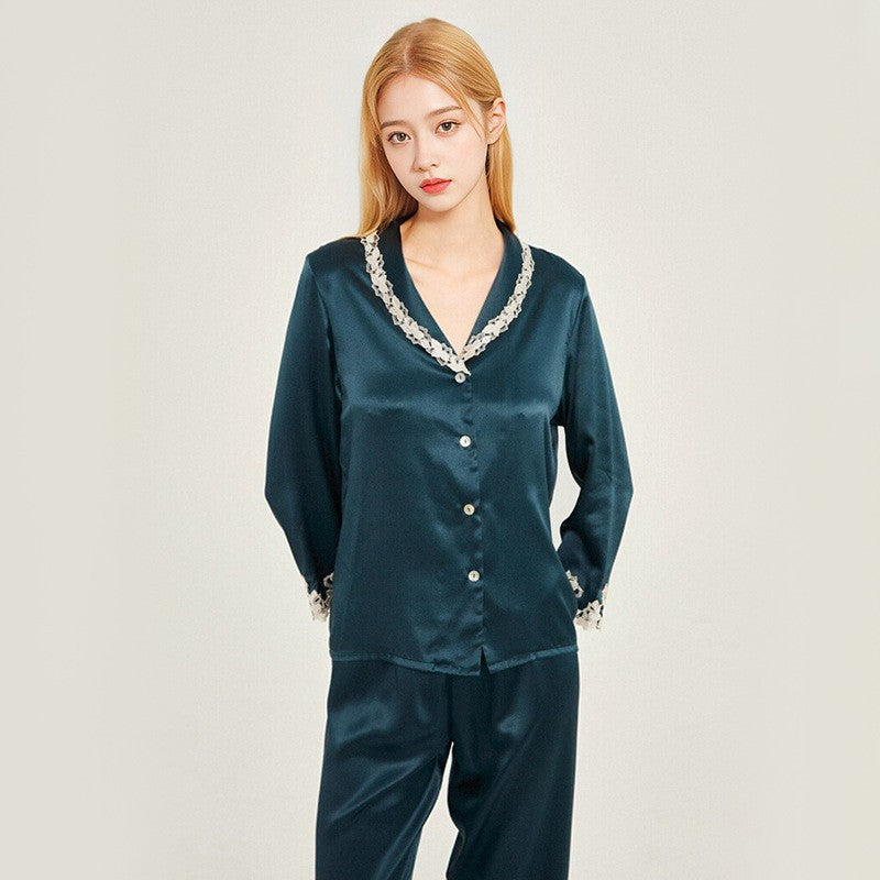 Pure Silk Women's 100% Mulberry Silk Lace Stitching House Suit Nightgown