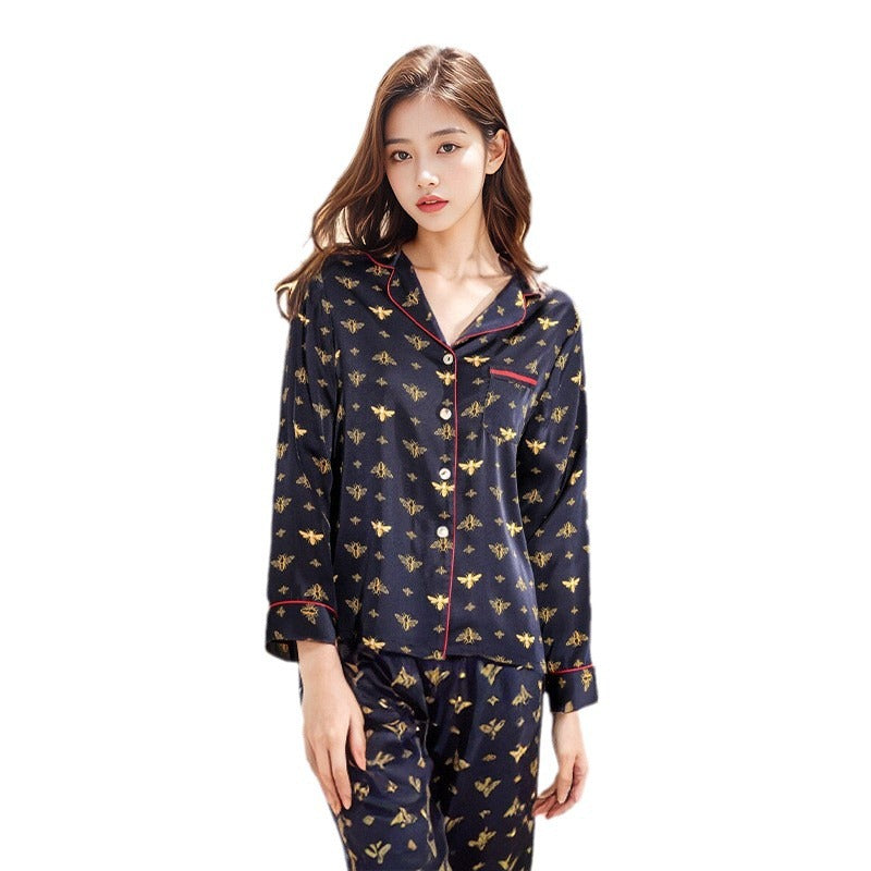 Pure Silk Women's 100% Mulberry Silk Bee Pattern Long Sleeve Pajamas Nightgown