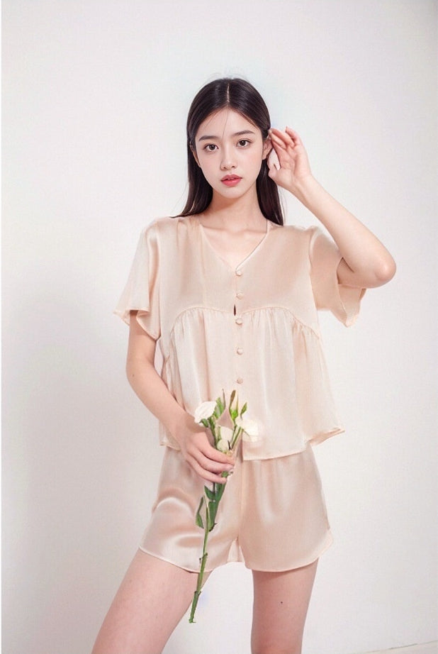 Pure Silk Women's 100% Mulberry Silk Short-sleeved Shorts And Trousers Three-piece Set Nightgown