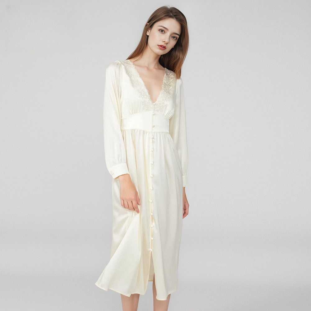 Pure Silk Robe 100% Mulberry Silk Women's Sexy Low Button-down Neck Embroidered Nightgown