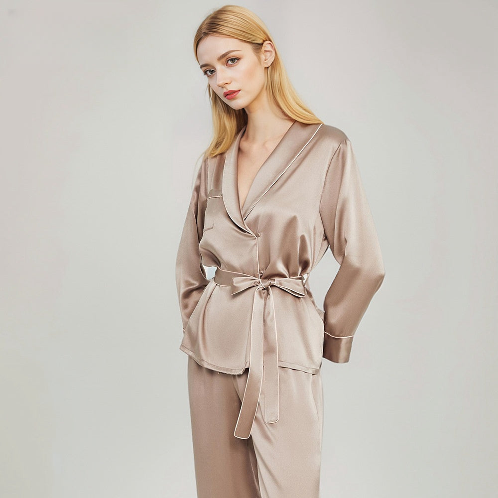 Pure Silk Robe 100% Mulberry Silk Women's Notch Collar Pajamas Striped Suit Nightgown