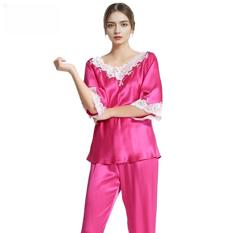 Pure Silk Robe 100% Mulberry Silk Women's Mid-sleeved Homewear Set Nightgown
