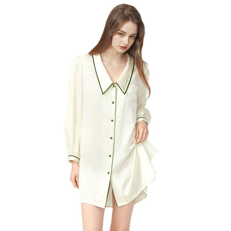 Pure Silk Robe 100% Mulberry Silk Women's Sexy Thin Doll Neck Shirt Nightgown
