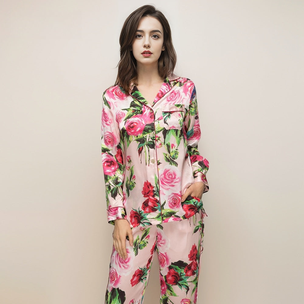Pure Silk Women's 100% Mulberry Silk Floral Print Set Nightgown