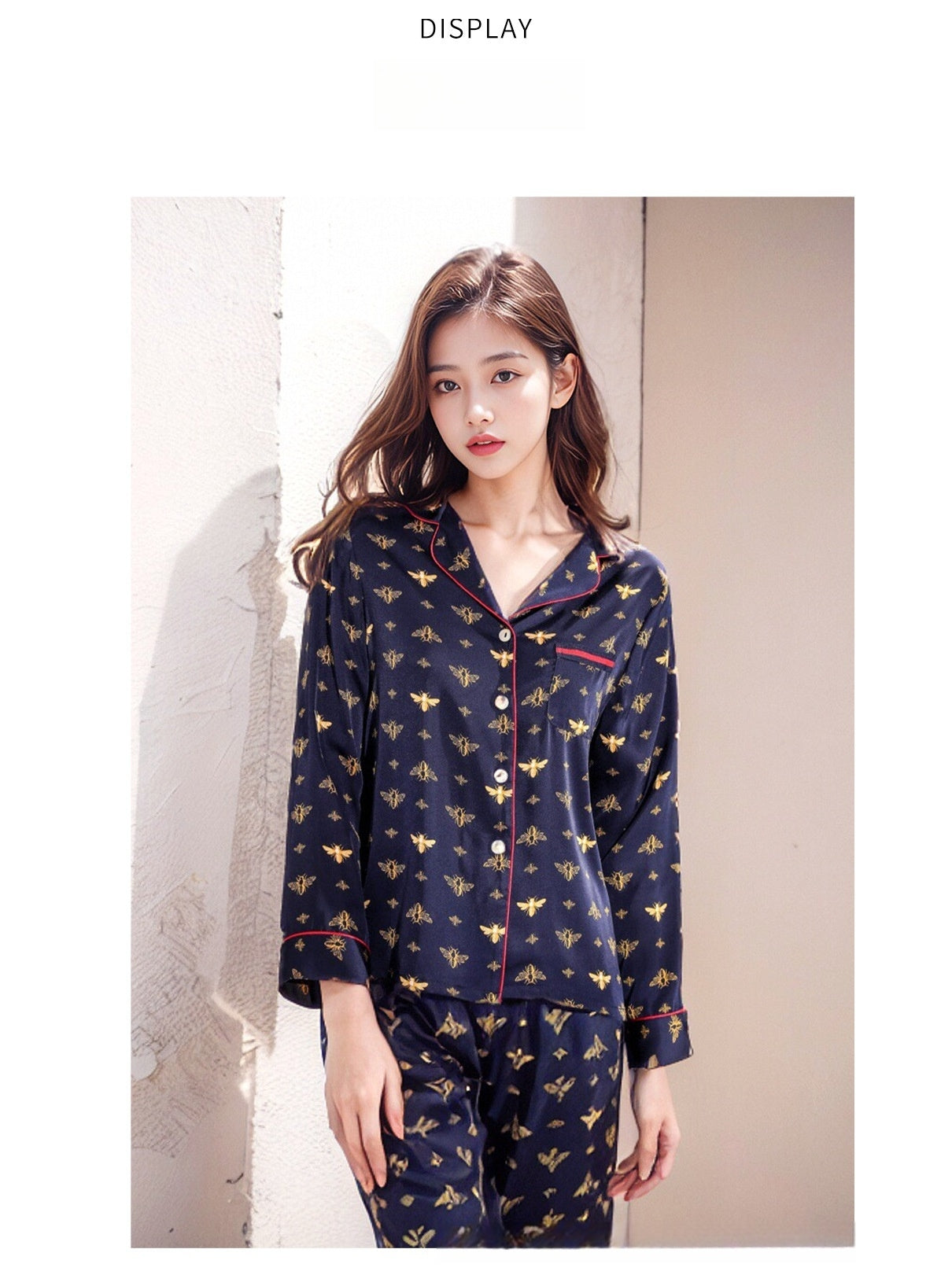 Pure Silk Women's 100% Mulberry Silk Bee Pattern Long Sleeve Pajamas Nightgown