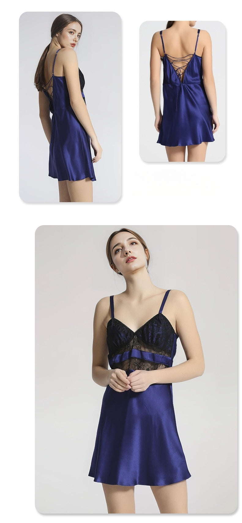 Pure Silk Women's 100% Mulberry Silk Sexy Lace Patchwork Slip Nightdress