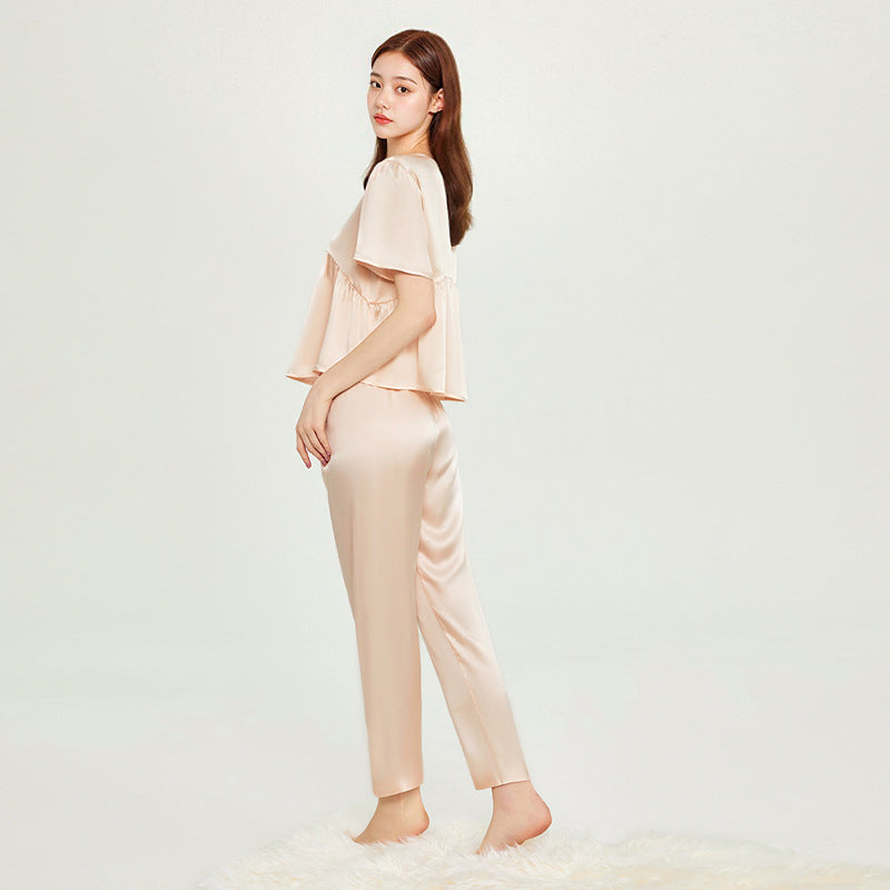Pure Silk Women's 100% Mulberry Silk Short-sleeved Shorts And Trousers Three-piece Set Nightgown