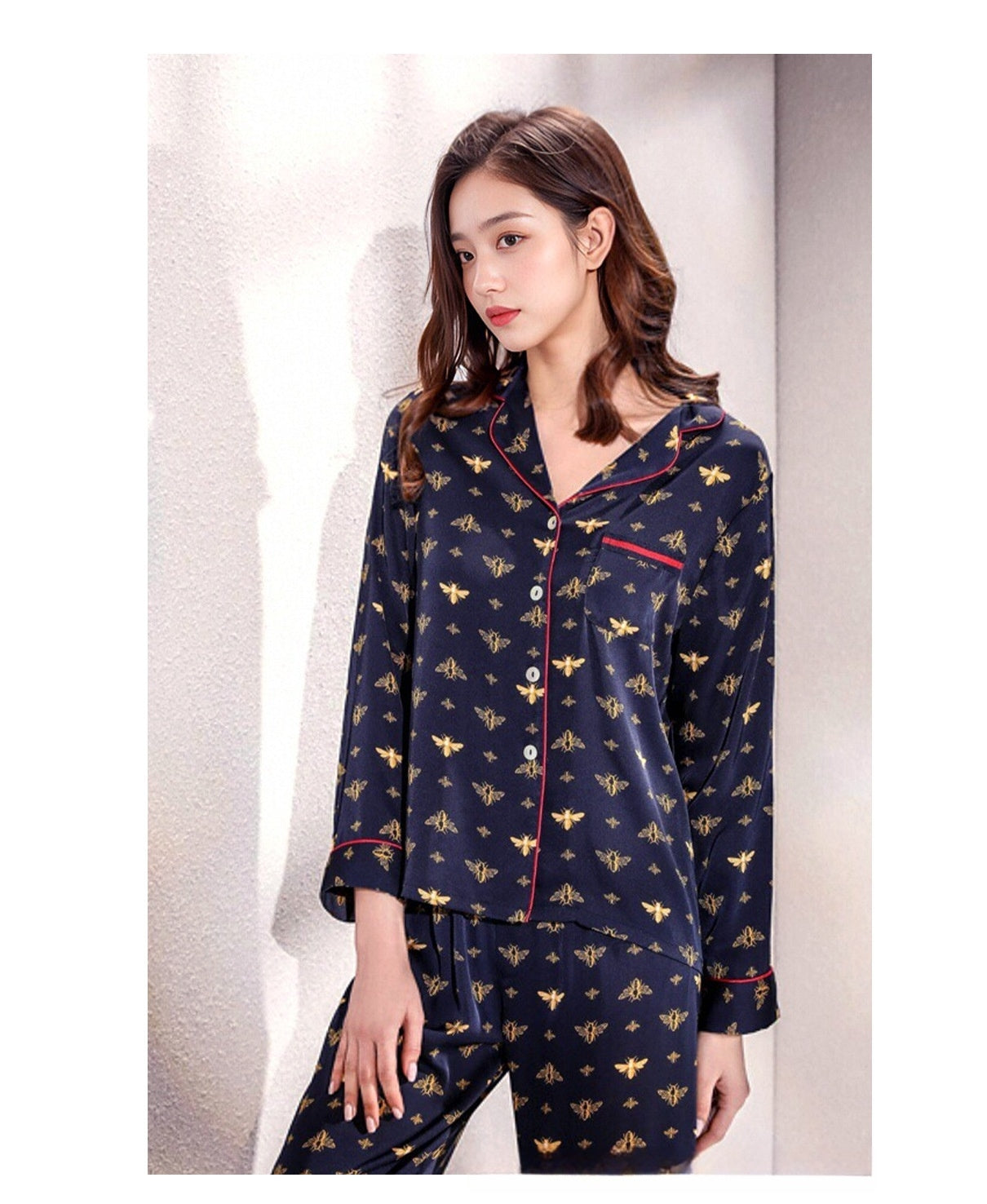 Pure Silk Women's 100% Mulberry Silk Bee Pattern Long Sleeve Pajamas Nightgown