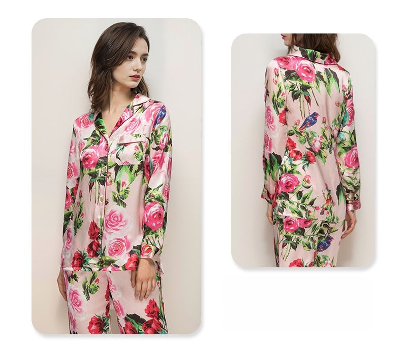 Pure Silk Women's 100% Mulberry Silk Floral Print Set Nightgown