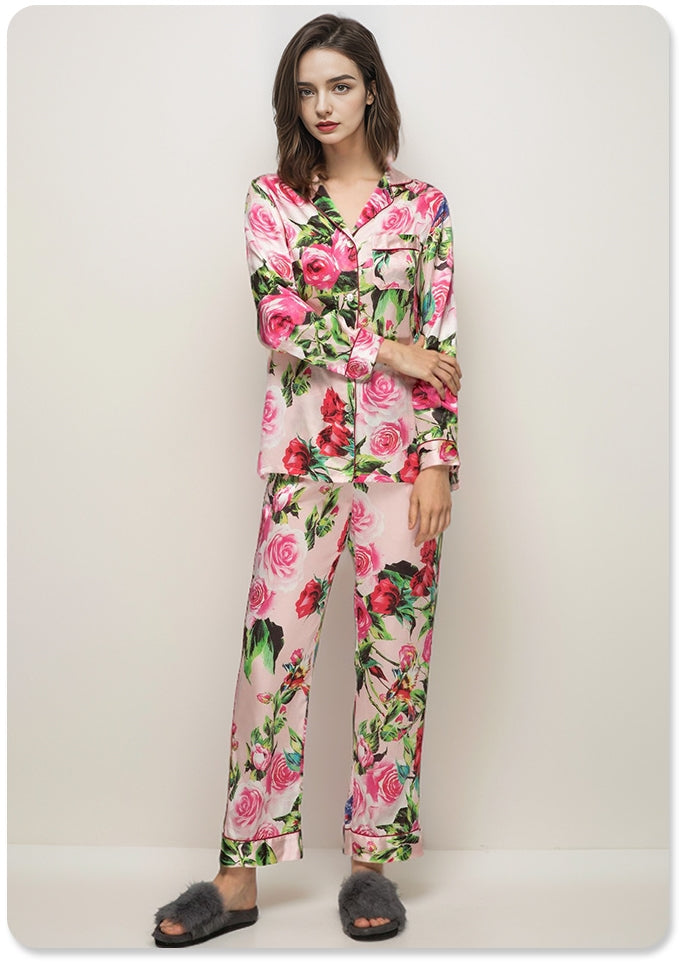 Pure Silk Women's 100% Mulberry Silk Floral Print Set Nightgown