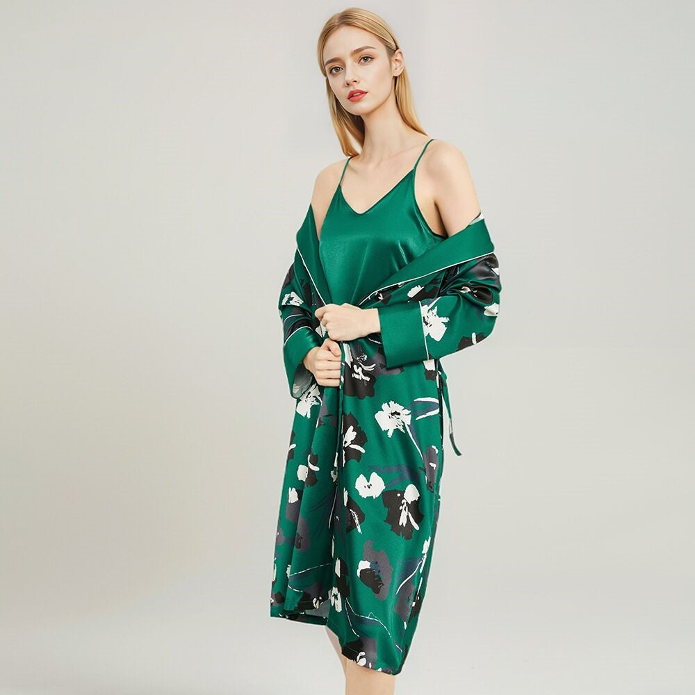 Silk nightgown nightdress two-piece women's 100% mulberry silk morning gown slip dress home suit