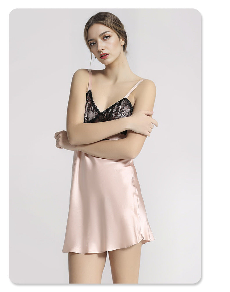 Pure Silk Women's 100% Mulberry Silk Sexy Lace Patchwork Slip Nightdress