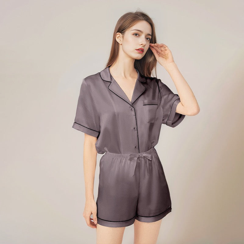 Summer new silk short-sleeved shorts two-piece women's 100% mulberry silk pajamas home wear set