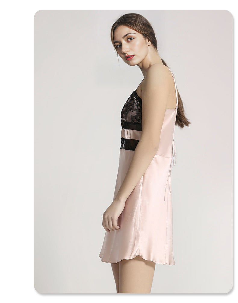 Pure Silk Women's 100% Mulberry Silk Sexy Lace Patchwork Slip Nightdress