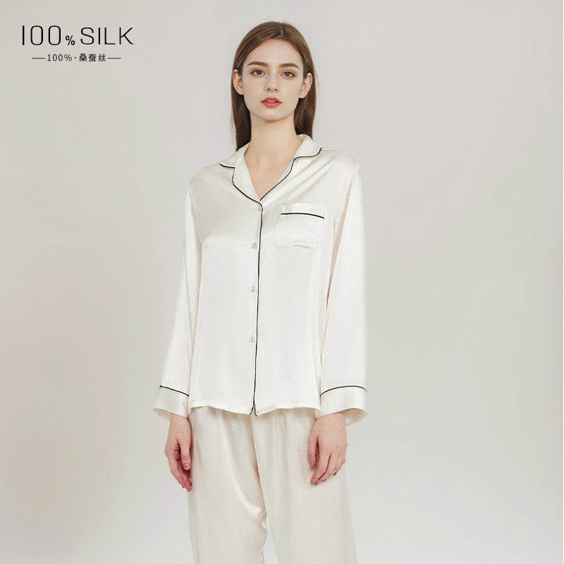 Silk Women's Pajama Set Long Sleeve Pajama Buckle Pajama 100% Top Chinese Mulberry Silk Pajama Set