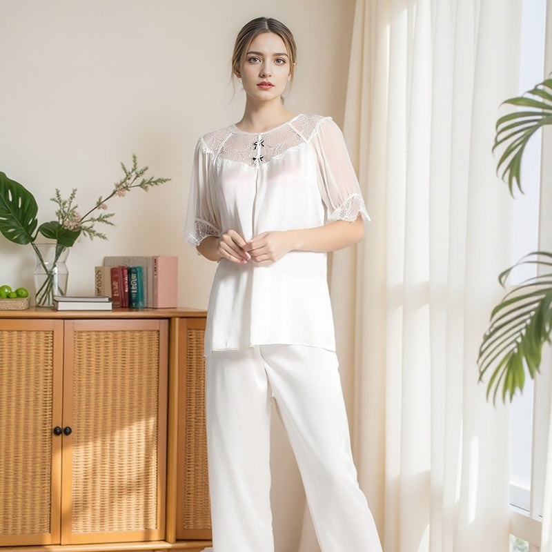 Pure Silk Women's 100% Mulberry Silk Lace Patchwork Puffy Sleeve Pajama Set