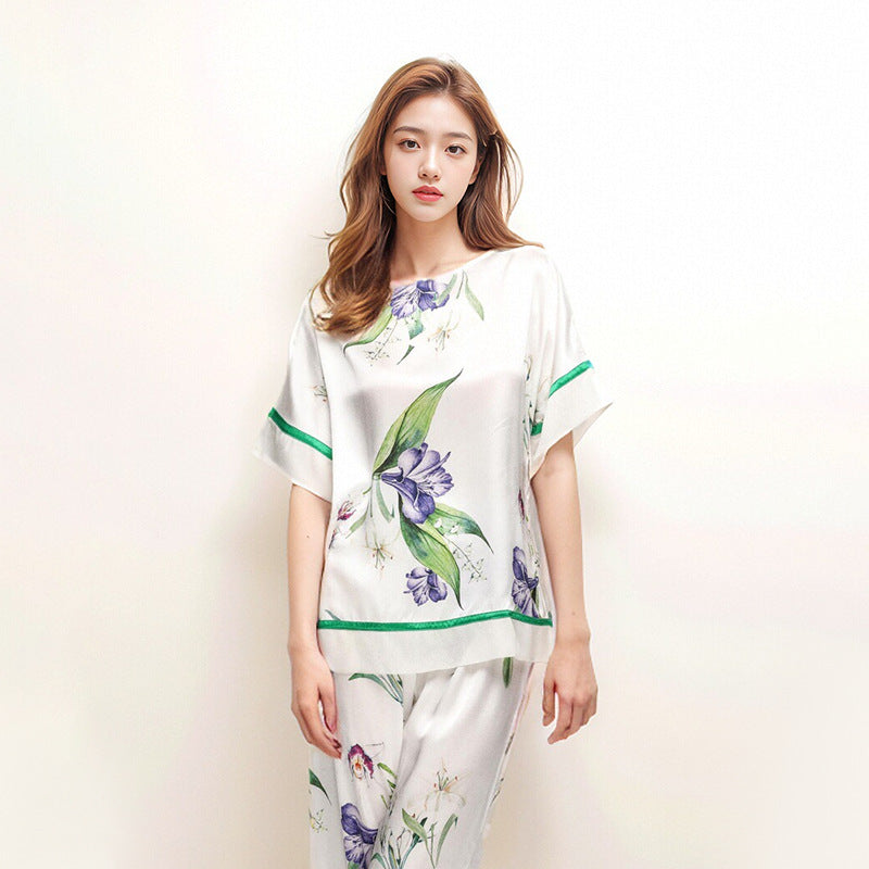 Pure Silk Women's 100% Mulberry Silk Spray-painted Sleeve The Suit Nightgown