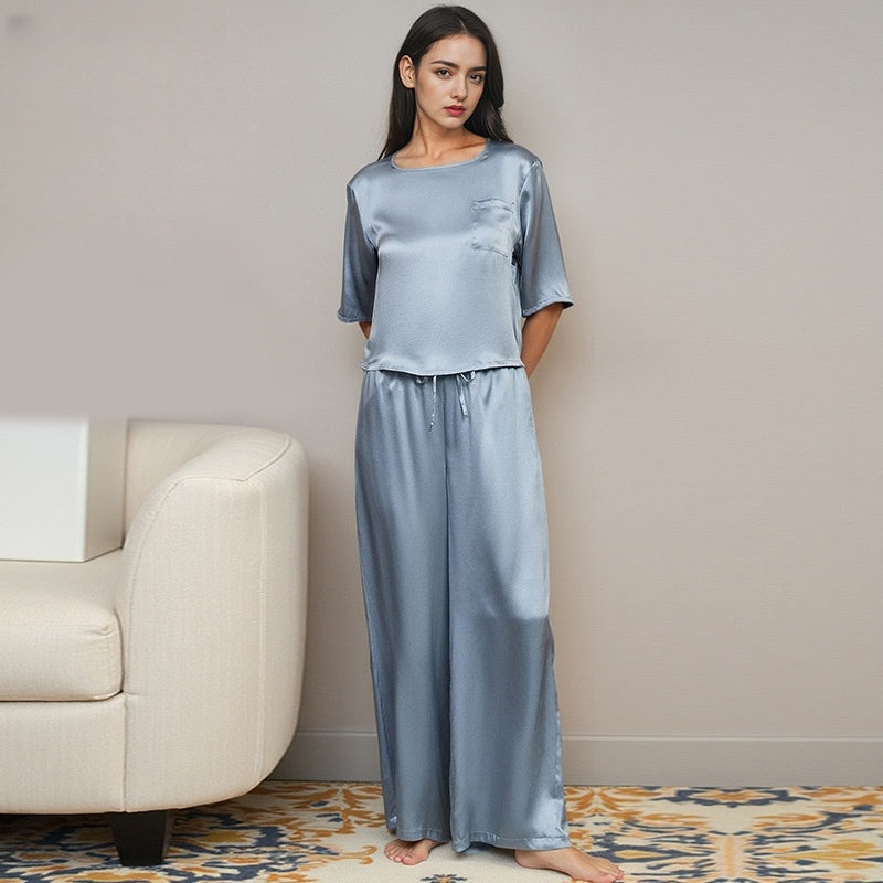 Pure Silk Women's 100% Mulberry Silk Short Sleeve Pants Suit Simple Nightdress