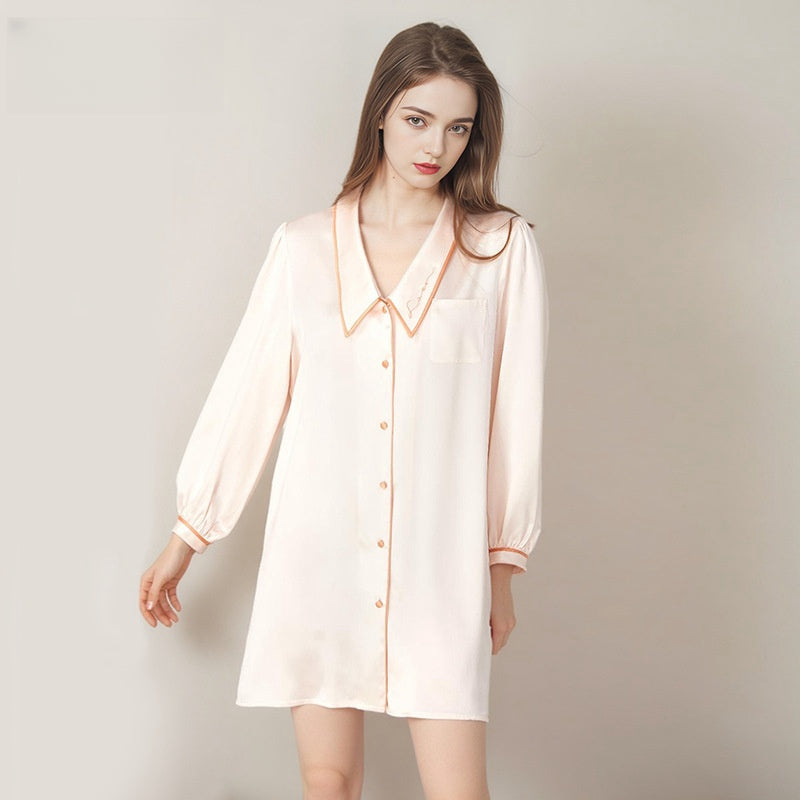Pure Silk Robe 100% Mulberry Silk Women's Sexy Thin Doll Neck Shirt Nightgown