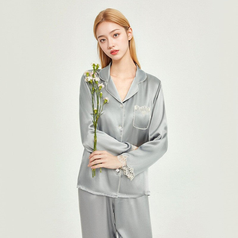 Pure Silk Women's 100% Mulberry Silk Lace Patchwork Intellectual Pajama Set