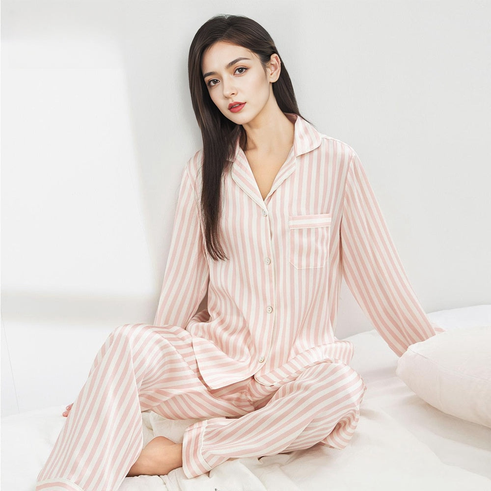 Pure Silk Robe 100% Mulberry Silk Women's Long Sleeve Long Pants Striped Suit Nightgown