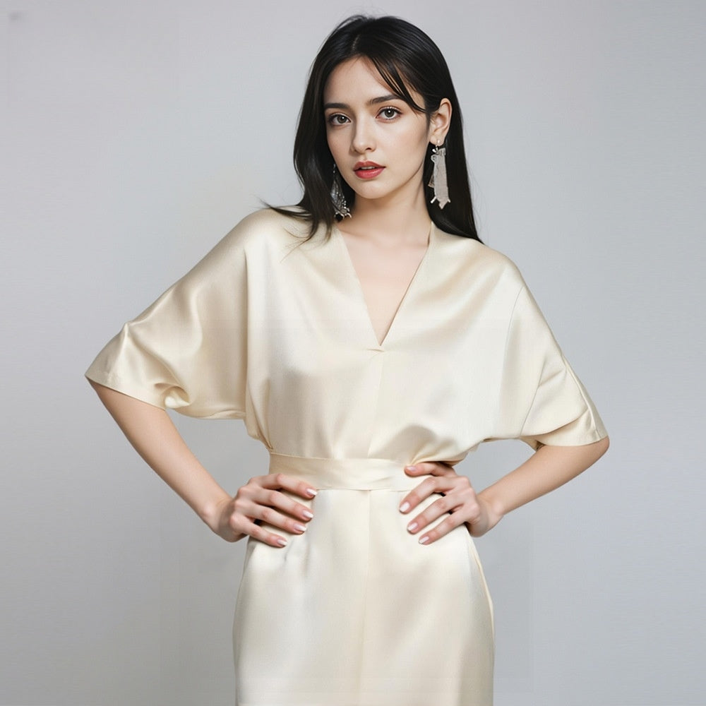 Pure Silk Women's 100% Mulberry Silk Simple High Sense Lace-up Nightdress