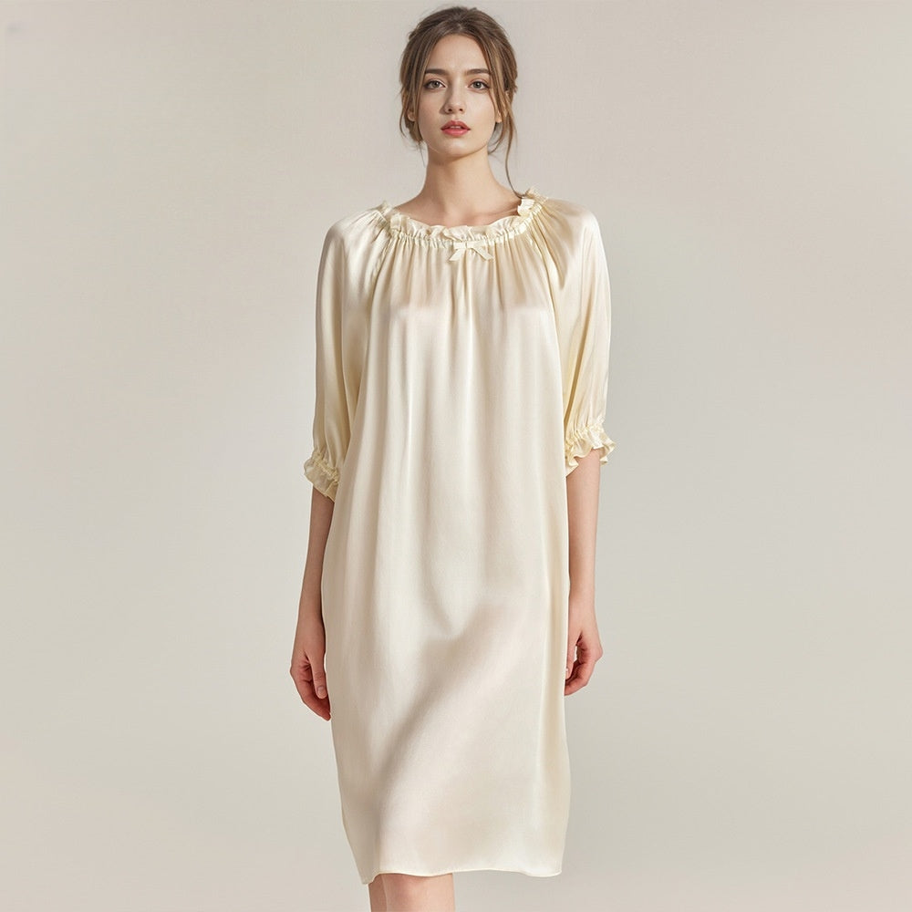 Pure Silk Robe 100% Mulberry Silk Women's Puff Sleeves Nightgown