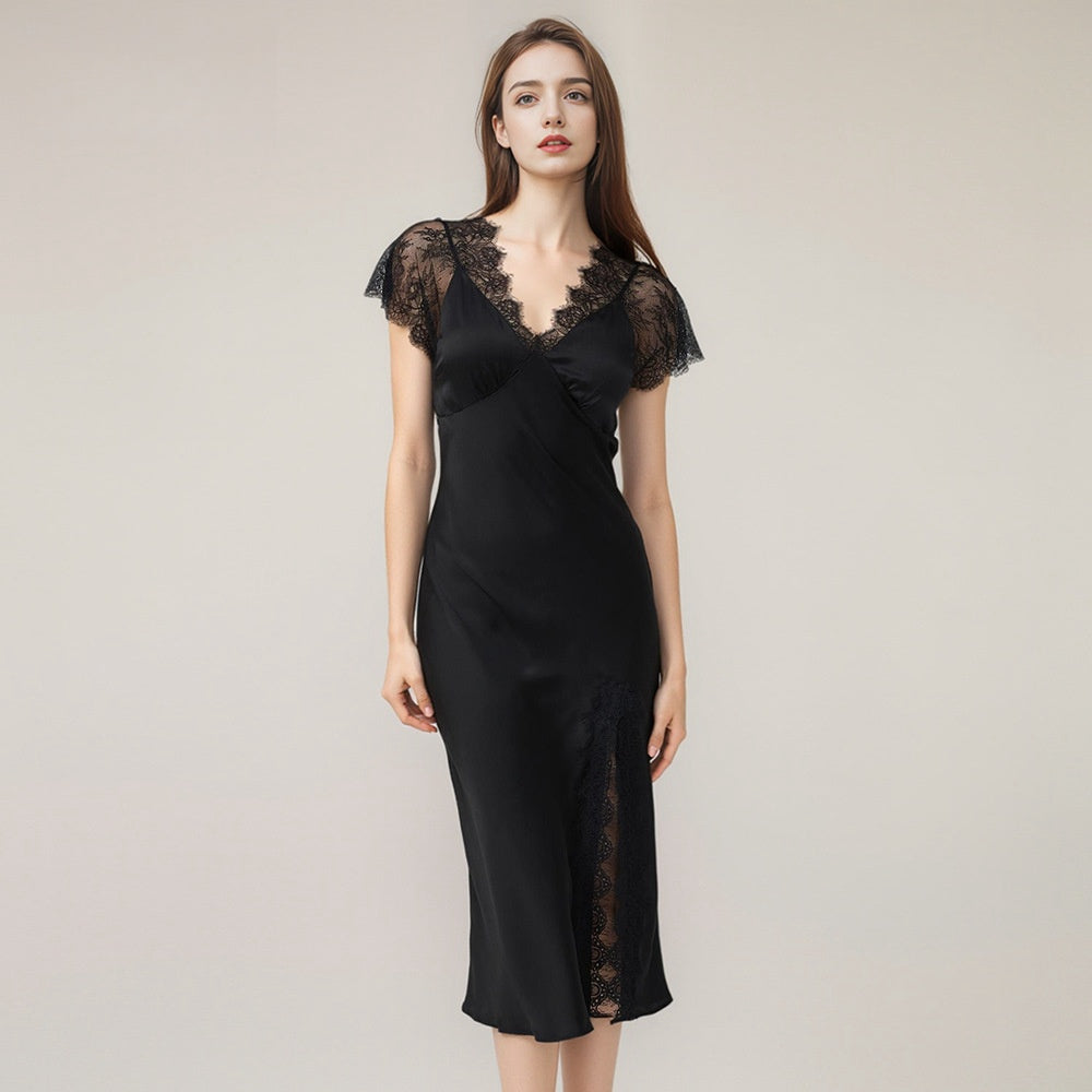 Pure Silk Women's Sexy Slit 100% Mulberry Silk Lace Stitching Bra Pad Nightgown