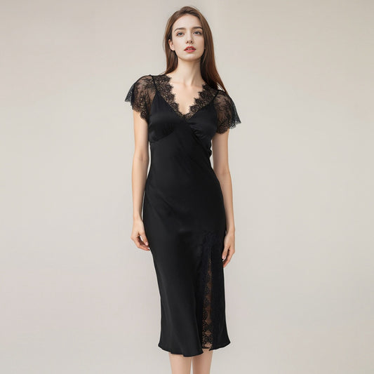 Pure Silk Women's Sexy Slit 100% Mulberry Silk Lace Stitching Bra Pad Nightgown